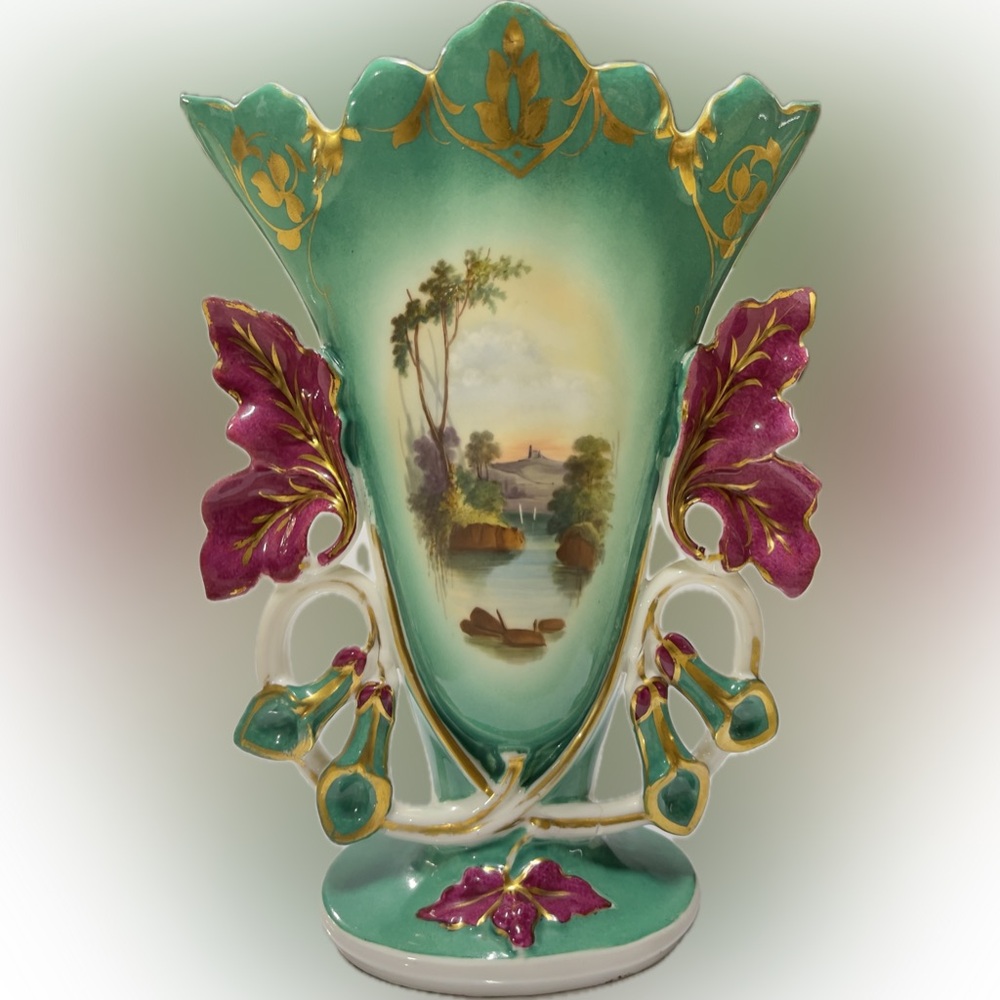 In the style of Old Paris Porcelain 11.5 inch handled vase. No makers mark